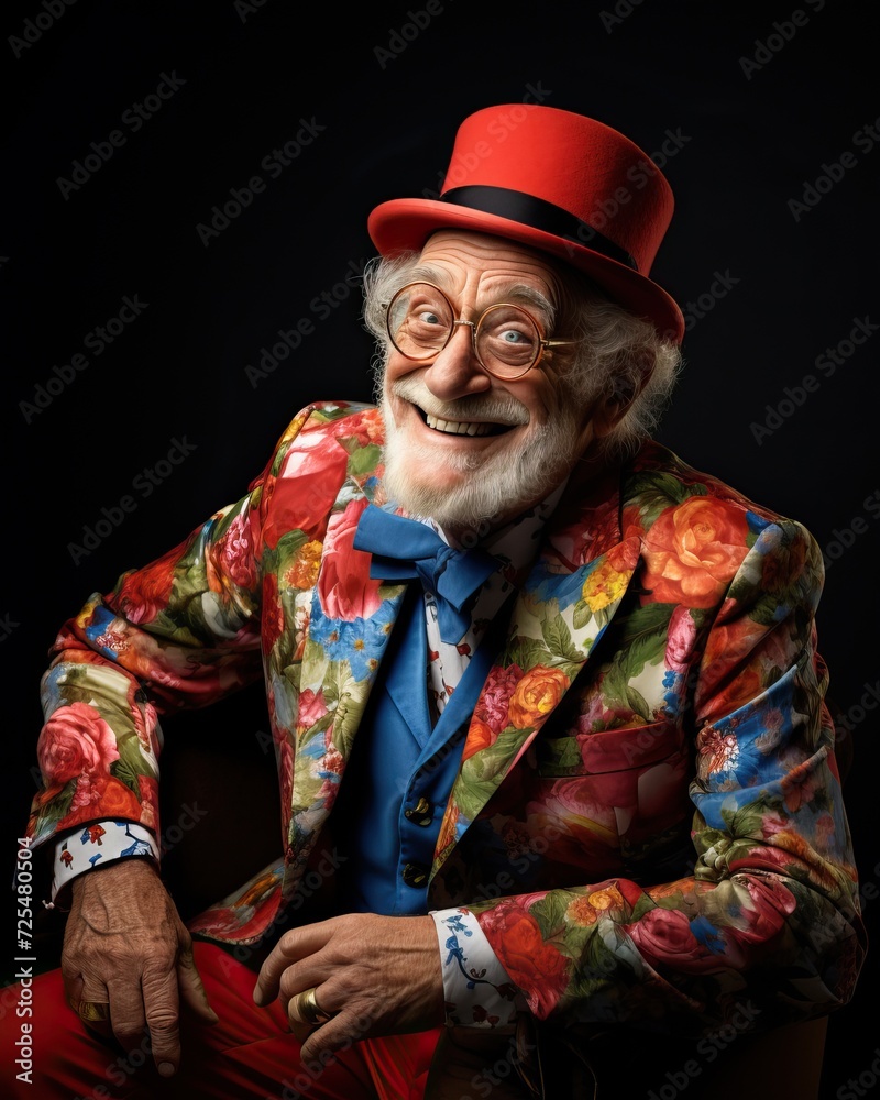Obraz premium Funny Elderly Man in Bright Jacket and Bowler Hat: Quirky Pose