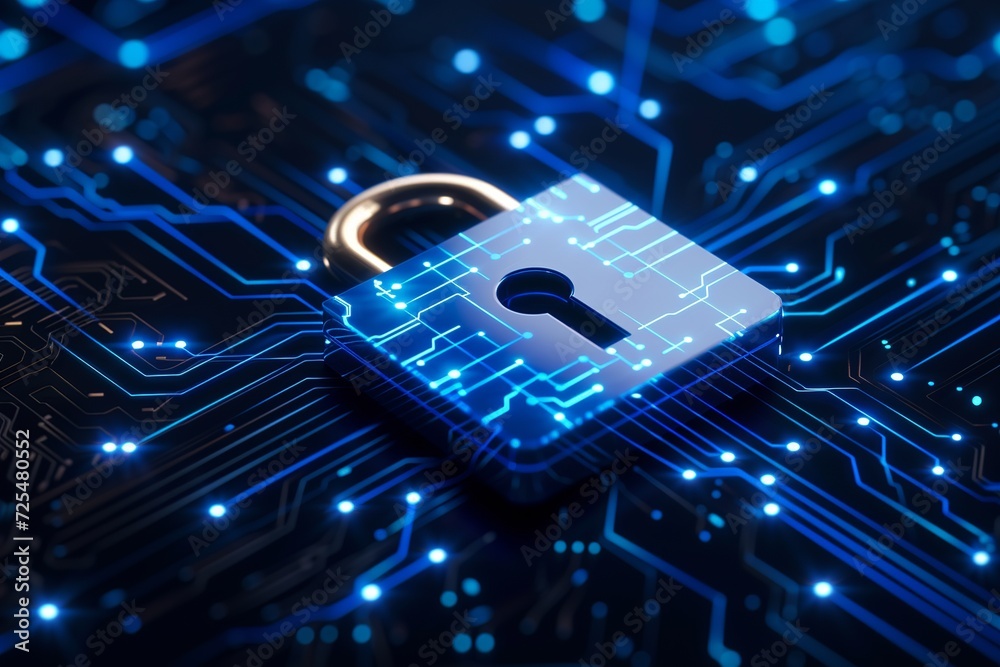 A digital padlock on a dark blue backdrop symbolizes robust cyber security, emphasizing fraud prevention and the safeguarding of private data networks.