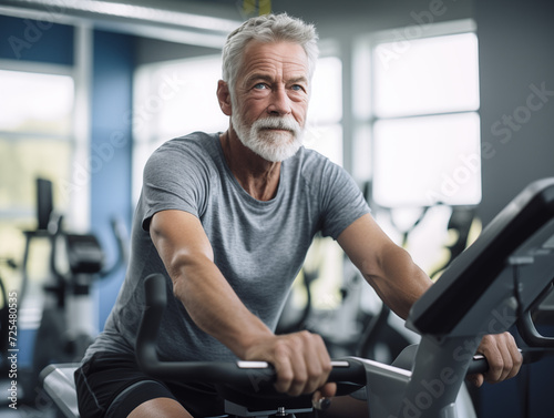 Man in his 60's on exercise bike at gym