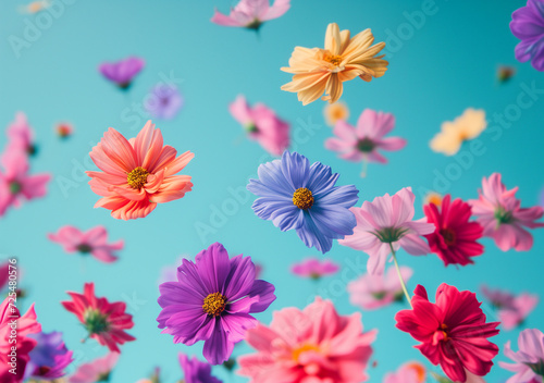 Flying fresh colorful flowers on blue green background.