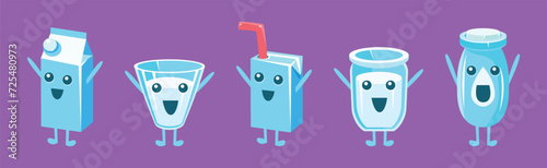 Milk Container Funny Character with Face on Purple Background Vector Set