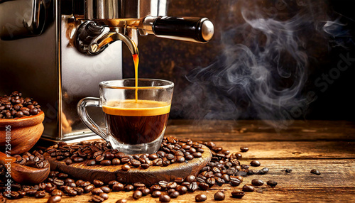 Closeup of a modern espresso machine pouring coffee into a transparent glass cup, on a black table with many roasted coffee beans. Generative Ai.