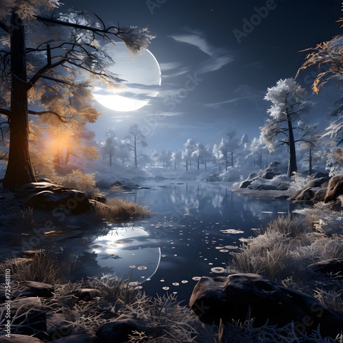 Fantasy landscape with frozen forest and moonlight. 3d rendering