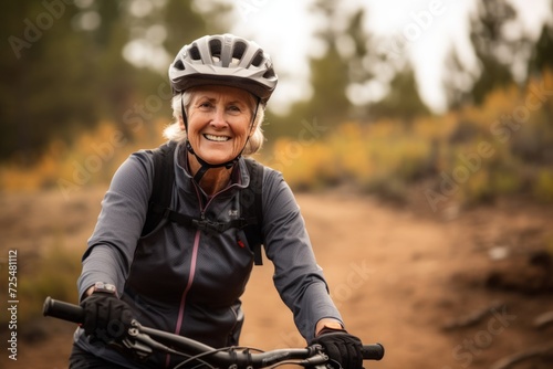 Senior woman riding a mountain bike on a trail in the forest.