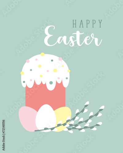 Happy Easter card on pastel background with decorated Kulich cake and eggs, willow branches with fluffy buds.