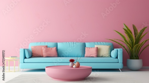 Pastel Blue sofa and round pink coffee table against multicolored stucco wall with copy space. Colorful  playful pop art style home interior design of modern living room