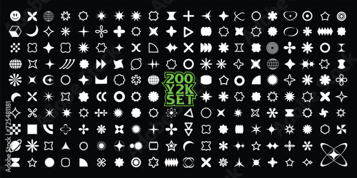 Retro futuristic y2k elements futuristic icons. Brutalism forms, memphis elements. Simple forms, symbols and frames. Collection of different graphic elements, star, sparkle, shapes, icons.