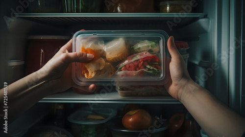 A scene of the hands taking out a plastic container containing food from the refrigerator ,Frozen foods ,   lunch photo
