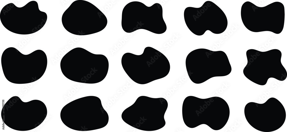 Blob shape organic set. Random black cube drops simple shapes. Pebble, inkblot, drops and stone silhouettes. Collection of paint liquid black blotch spot irregular form - obrazy, fototapety, plakaty 