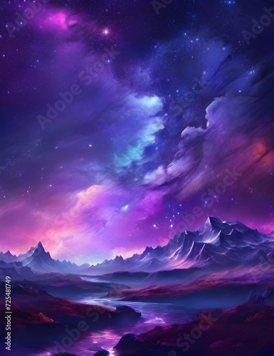 Beautiful fantasy starry night sky, blue and purple colorful, galaxy and aurora 4k wallpaper Generative AI © Burhan