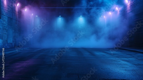A dark empty street, dark blue background, an empty dark scene, neon light, spotlights The asphalt floor and studio room with smoke float up the interior texture. night view 