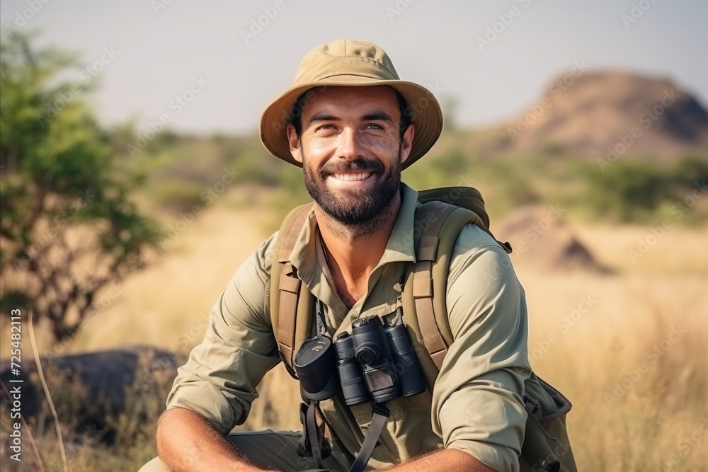 Portrait of a happy hiker with binoculars sitting in the wilderness