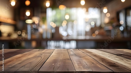 Empty wooden table top with blurred coffee shop