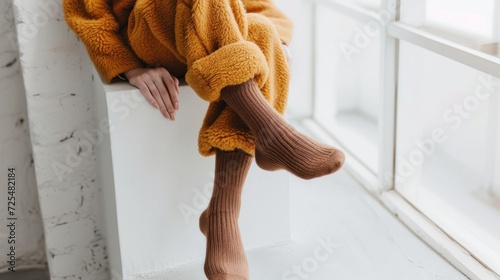 A woman wearing tight brown shin socks sitting on a white wall, in the style of soft and rounded forms, furry art, meticulous design    photo