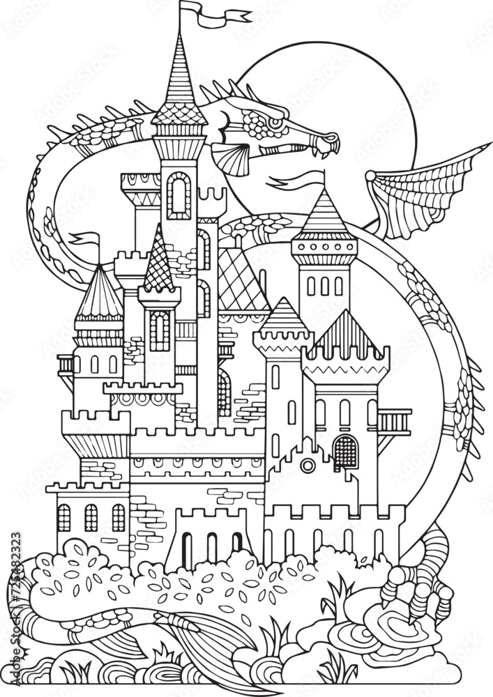 Castle and Dragon sketch coloring book