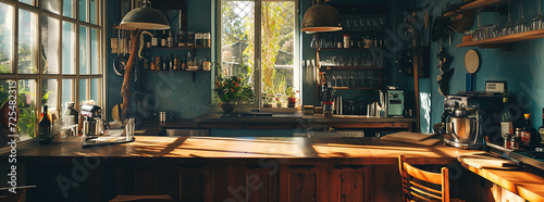 wooden bar counter in kitchen with sunlight near forest, Generative AI © Jay