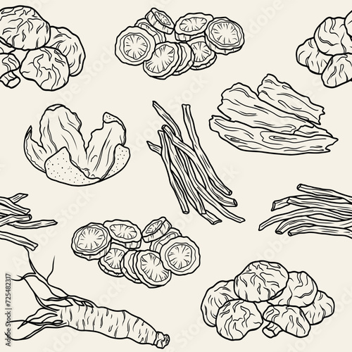 Line art Chinese medicine herbs background. Shiitake, ginseng, peony root, angelica, salvia, tangerine peel
