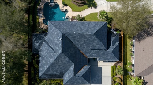 Aerial view of roof work done on a home.    © Emil