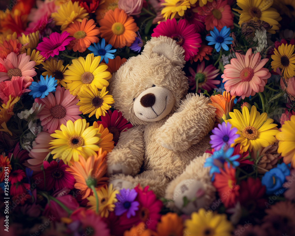 Cute Teddy bear lies in colorful spring flowers. Cute Teddy bear lies in colorful spring flowers.