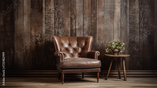 Rustic chair and barn wood wall decor. Farmhouse home interior design of modern living room