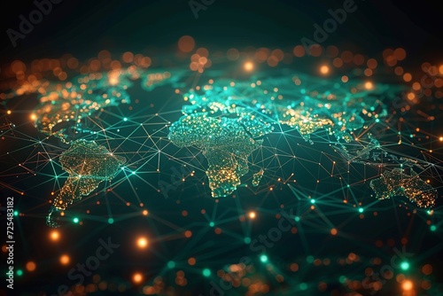 Captivating abstract world map highlighting the seamless interconnectedness and flow of global data transfer, symbolizing cyber tech and international exchange.