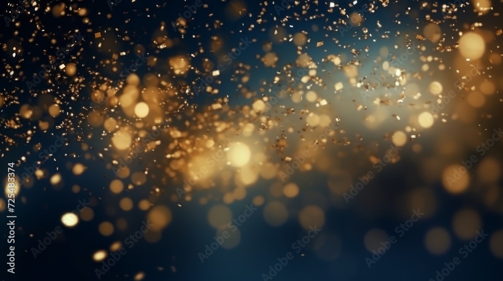 Golden christmas light bokeh on navy blue background: abstract dark blue and gold particle backdrop with festive glow