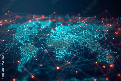 Captivating abstract world map highlighting the seamless interconnectedness and flow of global data transfer, symbolizing cyber tech and international exchange.