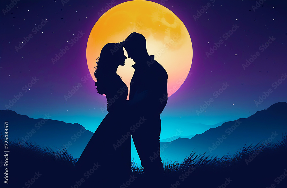 Fototapeta premium Romantic asian couple in love embracing each other on the moonlight