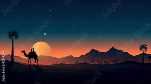 Man riding a camel in the desert night with a mosque and crescent moon in the background  night view of the Arabian desert. generative ai