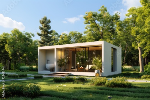 Minimalist Modular Home in Serene Forest. A minimalist modular home sits in serene forest surroundings, with large glass windows opening to nature's tranquility.

 photo