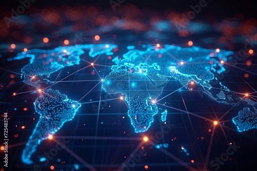 Captivating abstract world map highlighting the seamless interconnectedness and flow of global data transfer, symbolizing cyber tech and international exchange.