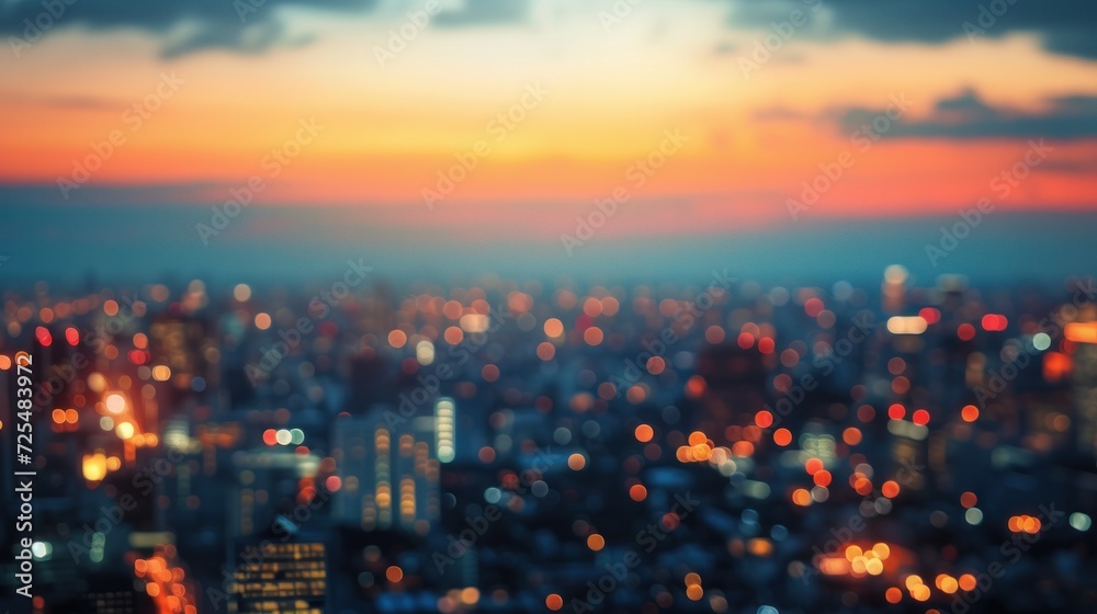 Bright glowing lights of district in megapolis under dusk sky in evening on blurred background    - obrazy, fototapety, plakaty 