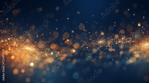 Golden christmas light bokeh on navy blue background: abstract dark blue and gold particle backdrop with festive glow