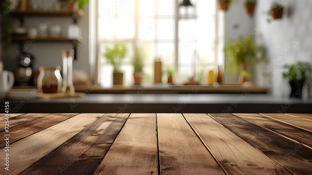 With a blurred kitchen setting in the background, a wooden tabletop serves as a versatile canvas for product display or design presentations With a blurred kitchen setting in the background, a wooden tabletop serves as a versatile canvas for product display or design presentations