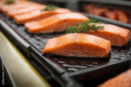 Roast Salmon fillet on restaurant Kitchen. The concept of fish production, fish processing, production of semi-finished products, restaurant business. AI generated