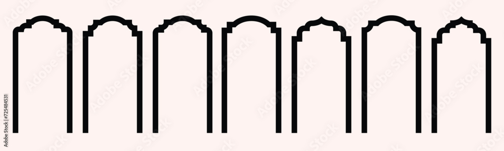 Set of vector Islamic door and window shapes. Arabic door and window vector silhouette. Arabic arch windows and doors in oriental architecture elements template. Set of vector Islamic door and window shapes. Arabic door and window vector silhouette. Arabic arch windows and doors in oriental architecture elements template.