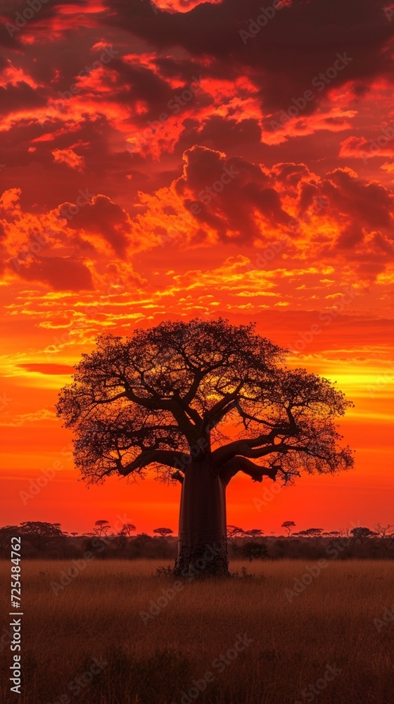 Silueta de baobab contra un dramático cielo africano al atardecer, con nubes rojizas y ambiente salvaje. Silueta de baobab contra un dramático cielo africano al atardecer, con nubes rojizas y ambiente salvaje.
