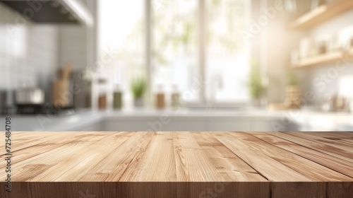 Empty beautiful wood table top counter and blur bokeh modern kitchen interior background in clean and bright,Banner, Ready for product montage 