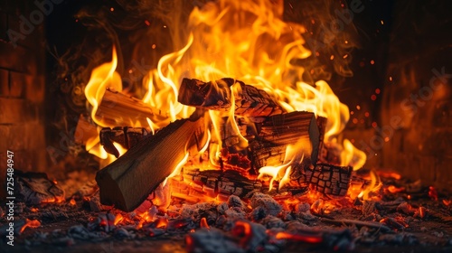 fire in fire place with flames and sparks    photo