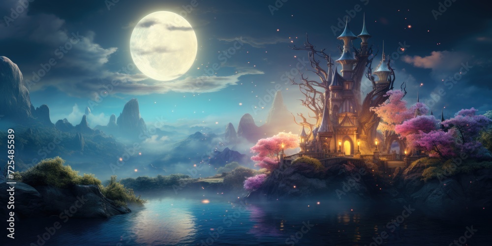 Magical fantasy fairy tale scenery, night in a forest Magical fantasy fairy tale scenery, night in a forest