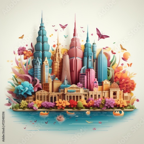 Twin tower petronas miniature artwork famous places in Kuala Lumpur, Malaysia colorful 3d render