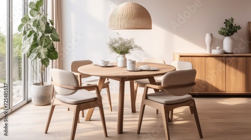 Beige chairs at rustic round wood dining table. Japandi minimalist style home interior design of modern living room