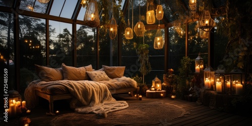 A dreamy loft bedroom adorned with fairy lights and soft  flowing curtains