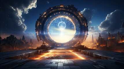 Time travel portal opening in an fantasy ancient city,