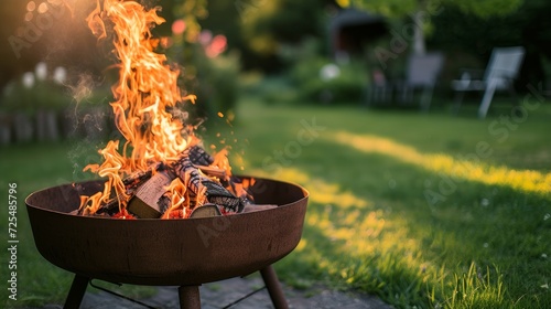 Iron fire pit and burning fire in a garden . 