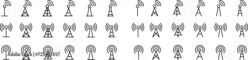 Antenna line icon set. Radio antenna black linear vector isolated on transparent background. Radio tower. Communication towers outline collection. Transmitter receiver wireless signal. Easily editable photo