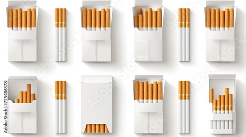 Pack or packet of cigarettes open, closed, empty, filled realistic mockups set. Copy space. Place for image. Front view. Vector smoking templates collection isolated on white background.    photo