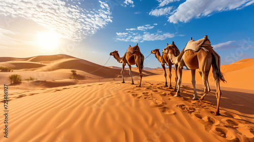 Camel family walking in desert