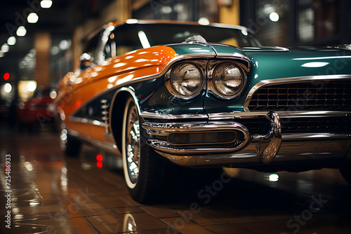 Vintage american classic car at night. Close-up.