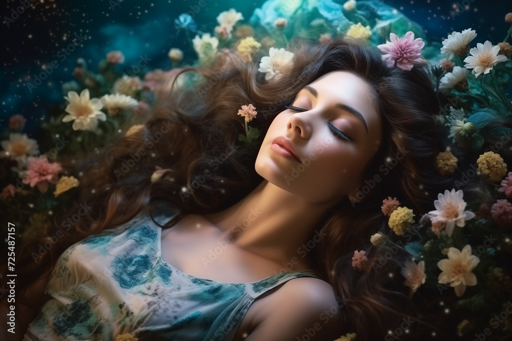 Portrait of beautiful young woman, sleeping on a bed of flowers and stars, dream concept Portrait of beautiful young woman, sleeping on a bed of flowers and stars, dream concept
